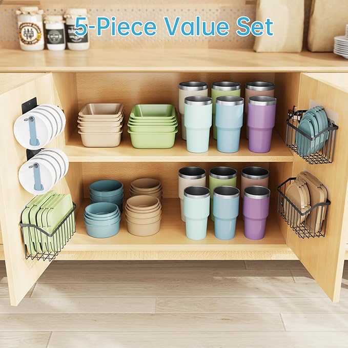 NiHome 5PCS Cabinet Door Lid Organizers Holders for Food Storage Container Lids Tupperware Tumblers Canning Lids, 3 Sizes Rustproof Metal Baskets for Spices, Toiletries, Under Sink or RV Storage