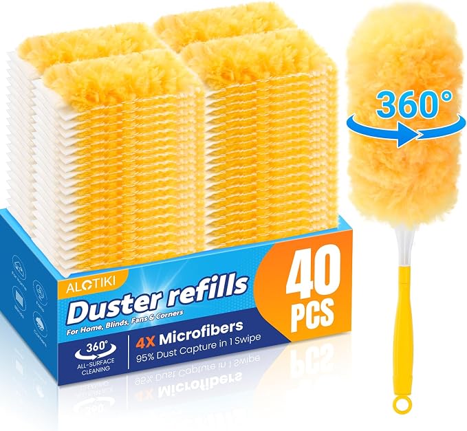 Alotiki Heavy Duty Duster Refills, 40 Count 360° Double-Sided Duster Refill and 1 Yellow Handle, Disposable Dusters Refill for Daily Dust Cleaning, Electronics, Furniture, Blinds, Ceiling Fans