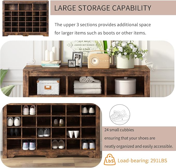 Harper & Bright Designs Sleek Design 24 Shoe Cubby Console, Modern Shoe Cabinet with Curved Base, Versatile Sideboard for Hallway, Bedroom, Living Room, Rustic Brown