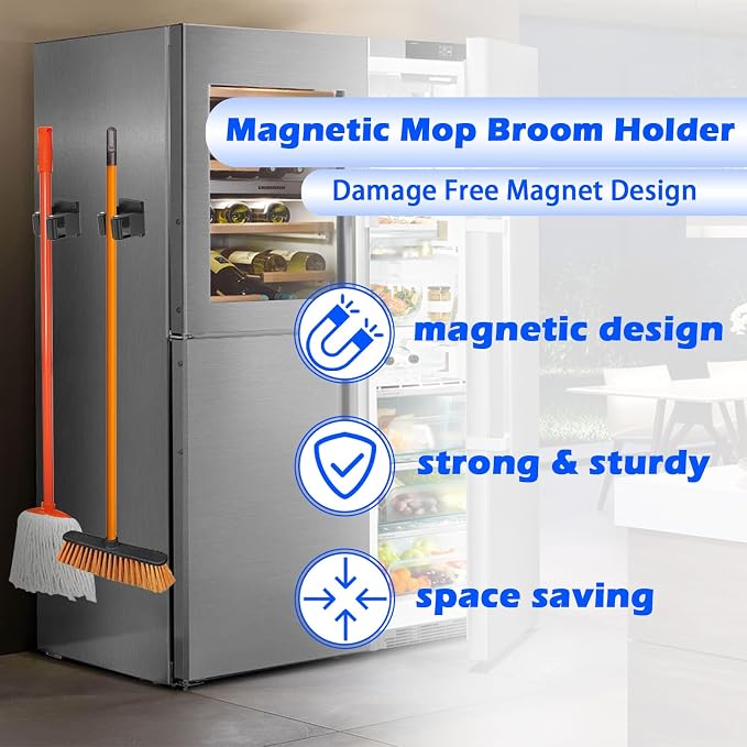 Strong Magnetic Mop Broom Holder, 2 Pack Heavy Duty Magnetic Mop Hanger for Refrigerators, Magnet Wall Mount Broom Holder Tool Storage for Laundry Room Garage Kitchen Workshops Metal Shed