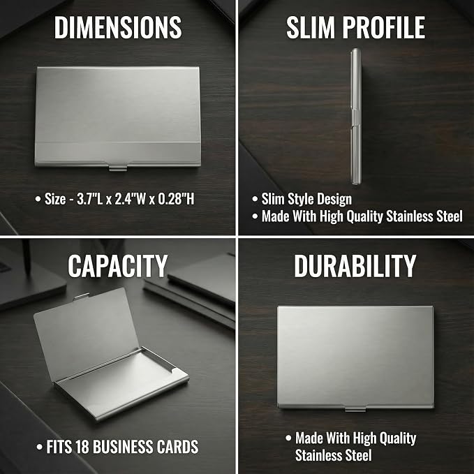 Business Card Holder, for Men and Women, Slim Minimalist Design Case, Stainless Steel Metal, Fits 18 Business Cards in Pocket