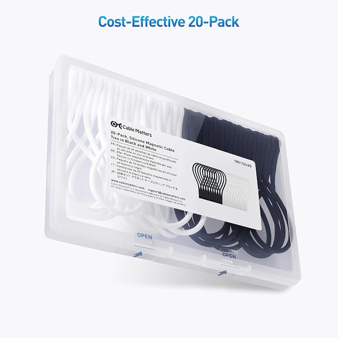 Cable Matters 20-Pack Ultra Strong Silicone Magnetic Cable Ties | Black and White, Magnetic Cord Ties, ZipTies, Cord Organizer