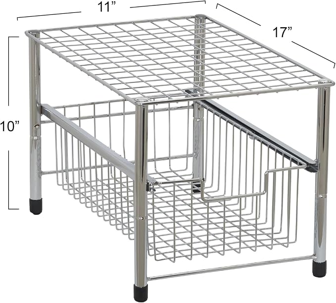 Household Essentials Free Standing Single Basket Sliding Cabinet Organizer with Metal Frame, Silver Finish