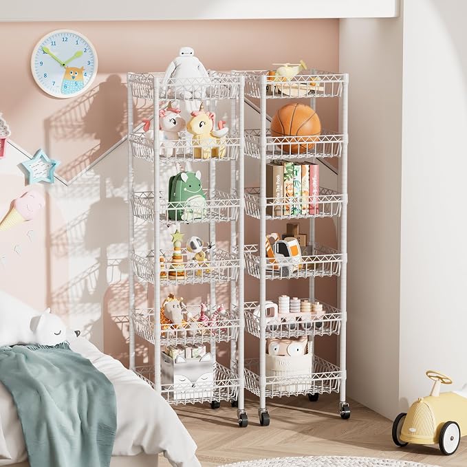 Golpart Basket Shelves Closet Rack with Wheels Metal Pantry Wire Shelf Unit | 6 tier Storage Rolling Shelving Bathroom Organizers Kitchen Garage Laundry Room Organization Home 13.6"Dx13.6"Wx63"H White