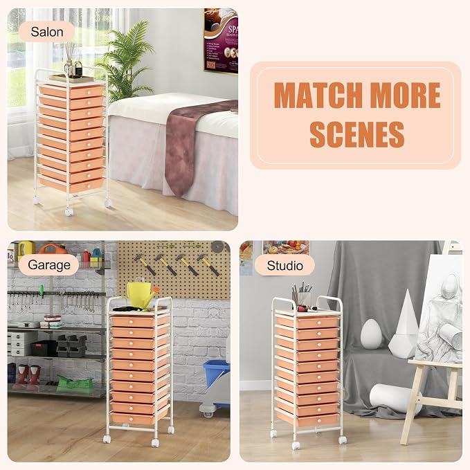 GOFLAME 10-Drawer Rolling Storage Drawer Cart, Utility Cart with Removable Drawers & Metal Frame, Mobile Art Craft Drawer Cart with Lockable Wheels for Home, Office, Studio, School, Peach Fuzz