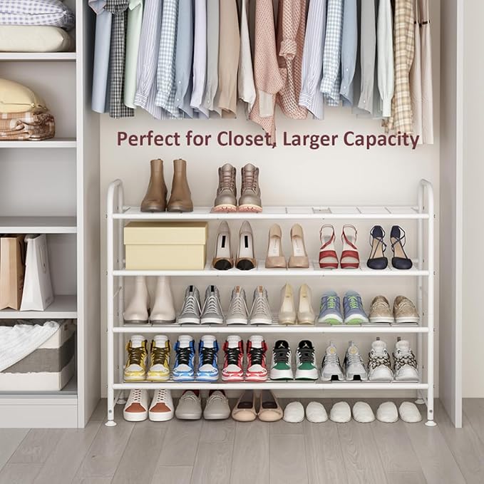 LINZINAR 4 Tier Long Shoe Rack for Closet Metal Shoe Organizer for Entryway | Spacious design stores 25+ pairs of shoes,durable metal frame,space-saving organizer for closet, hallway, and Entryway White