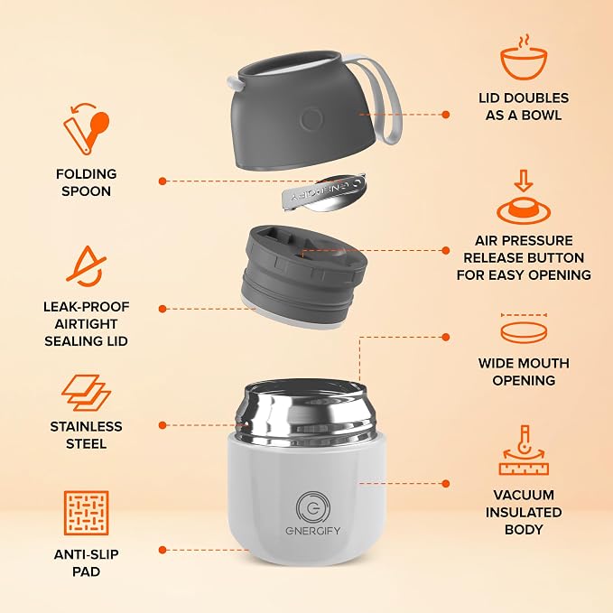 Energify Vacuum Insulated 12oz Titan Gray Thermos with Folding Spoon and Carry Case, BPA-Free, Meal Holder