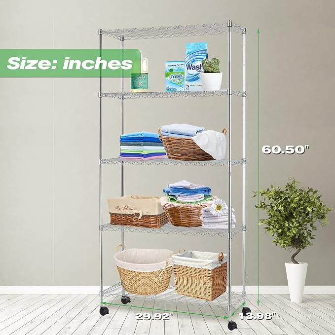 HCY 5-Tier Shelving Unit Storage Shelves with Wheels Heavy Duty Metal Storage Rack NSF Height Adjustable for Laundry Bathroom Kitchen Garage Pantry Organization -60"x30"x14"(Chrome)