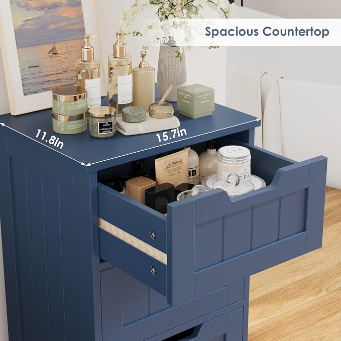 FOTOSOK Bathroom Cabinet, Bathroom Storage Cabinet with 5 Drawers, Wooden Storage Cabinets with Cut-Out Handles, 11.8” x 15.7” x 40.1” Bathrooms Floor Cabinets for Hallway/Living Room, Blue