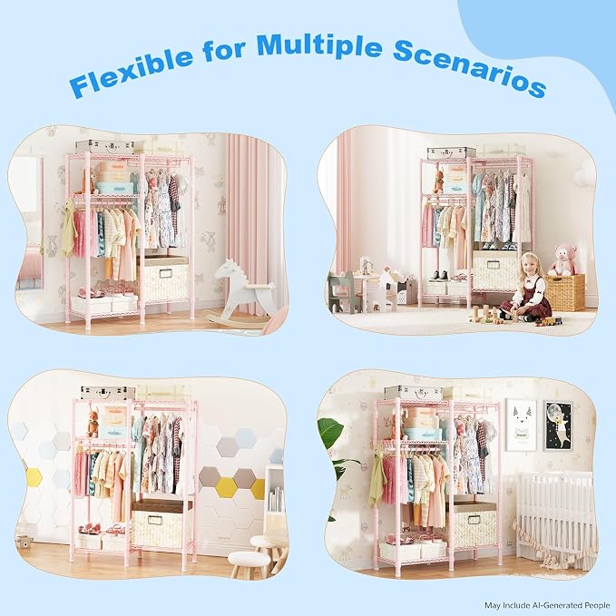 Ulif F1 Clothes Rack for Kids, Baby, Students, and Children's Room, 4 Tiers Portable Metal Closet Clothing Rack, Small Garment Rack with 2 Hanging Rod, 31.2" W x 11.8" D x 48" H, Pink
