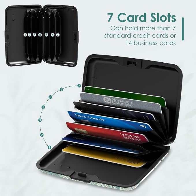 Credit Card Holder, RFID Blocking Aluminum Hard Case, Slim Mini Business Metal Wallet for Women Men, Green Plant Leaves