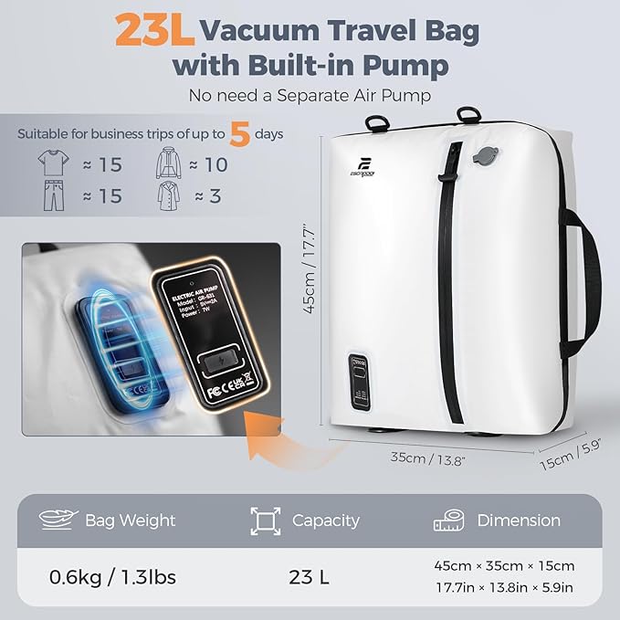 Travel Vacuum Bags with Built-in Pump, White | Reusable Vacuum Seal Bags for Clothing,Luggage,Packing Compression Storage Bags for Carry-On,Suitcase&Backpack