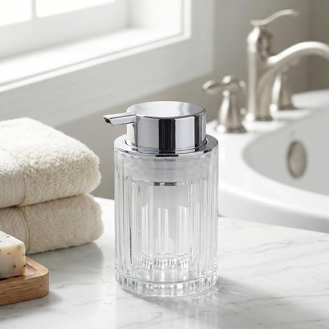 Amolliar Foaming Soap Dispenser, Plastic Pump Clear Glass Soap Dispenser, 8OZ Refillable Hand Soap Dispenser for Bathroom, Kitchen, Bath, Soap Pump Bottle for Liquid or Lotion Dispenser(Silver 1 Pack)