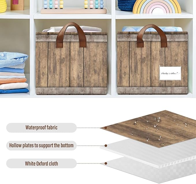 Rust Light Brown Wood Grain Storage Basket Foldable Cube Storage Bins with Handles&Label Collapsible Organizer Box Bin Large Rectangle Decorative Baskets for Shelves Home Living Room Closet