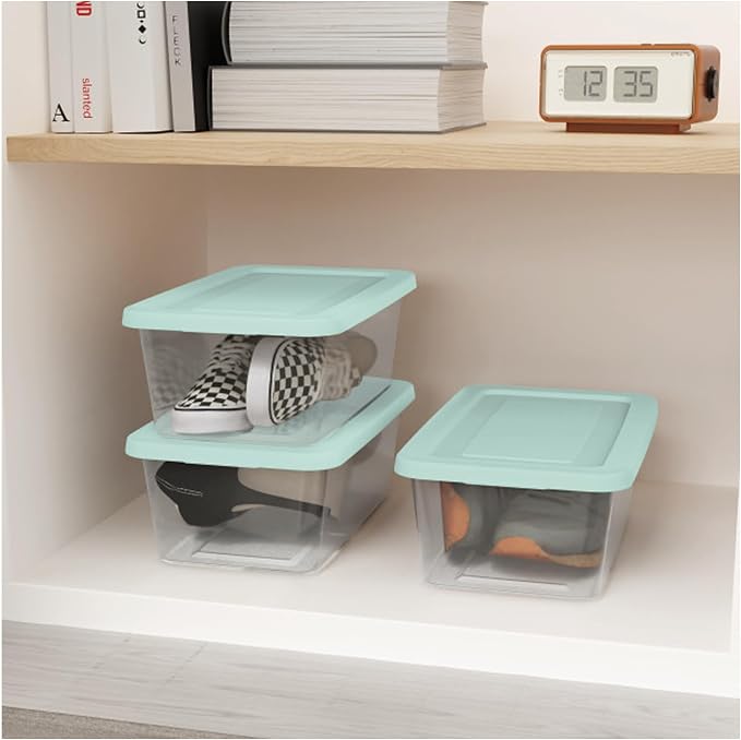 Sterilite Set of 5 Storage Boxes, Clear Plastic Stackable Containers, Lightweight Home Organizers with Snap Lids, 6 Quart, Mindful Mint