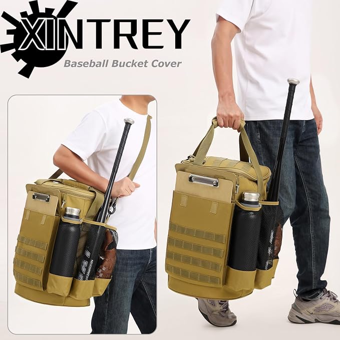 Baseball Bucket Bag 6 Gallon Tactical Softball Coaches Bag with Padded Seat | Baseball Bucket Cover Organizer for Training Equipment, Balls, Bat, Gloves, Scoreboards, with Shoulder Strap