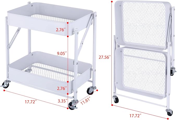Melody House 2-Tier Metal Folding Rolling Cart, Mobile Utility Cart Trolley Storage Organizer for Office Home Kitchen Organization, Sofa Side End Table with Wheels, White