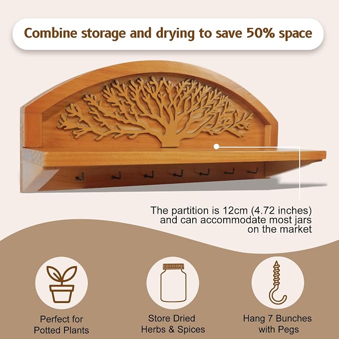 Tnstbiee Hanging Herb Drying Rack - Artistic Life Tree Design. Space-Saving Kitchen Flower Dried Grass Display,Holds 7 Bouquets. For Witches & Gardeners Gifts for Crafters, Wall Art Décor