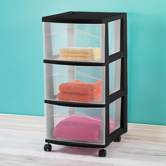 Sterilite 8 Pack 3 Drawer Storage Cart, Plastic Medium Organizer with Wheels, Black - Multipurpose Bin for Crafts, Accessories, or Office Supplies