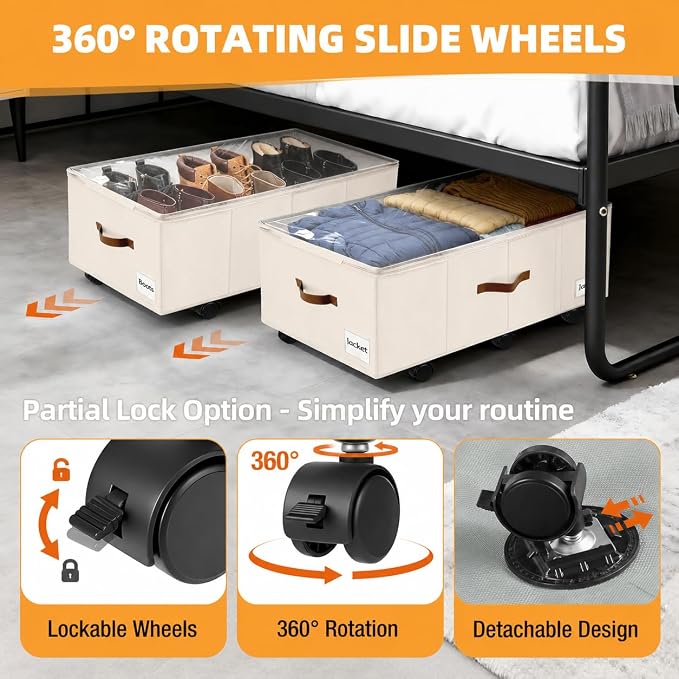 Under Bed Storage with Wheels,Underbed Storage with Sturdy Sidewalls/Bottom, Clear Cover, Label and PU Handle, Rolling Under Bed Drawers for Clothes, Shoes, 11 Inch Height,Beige, 2 Pack