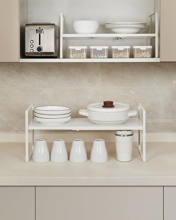 Nxconsu Expandable Cabinet Shelf Organizer Riser, 8.6" 1 Pack White | Heavy-Duty Steel Expandable Shelf Holds 50 lb, 5-Level Stackable Riser for Kitchen Cabinet Cupboard Pantry Counter Under Sink