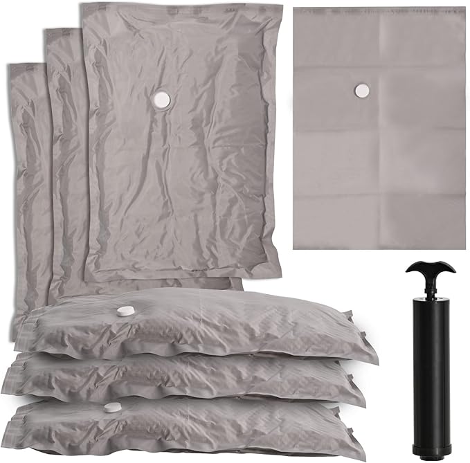 6-Pack Vacuum Seal Bags for Clothing Home – Fabric Storage Bags with Manual Pump | 2 Medium, 2 Large, 2 Jumbo | Reusable Packing Cubes for Travel, Carry-On Luggage & Home Organization(Gery-2M＆2L＆2J)
