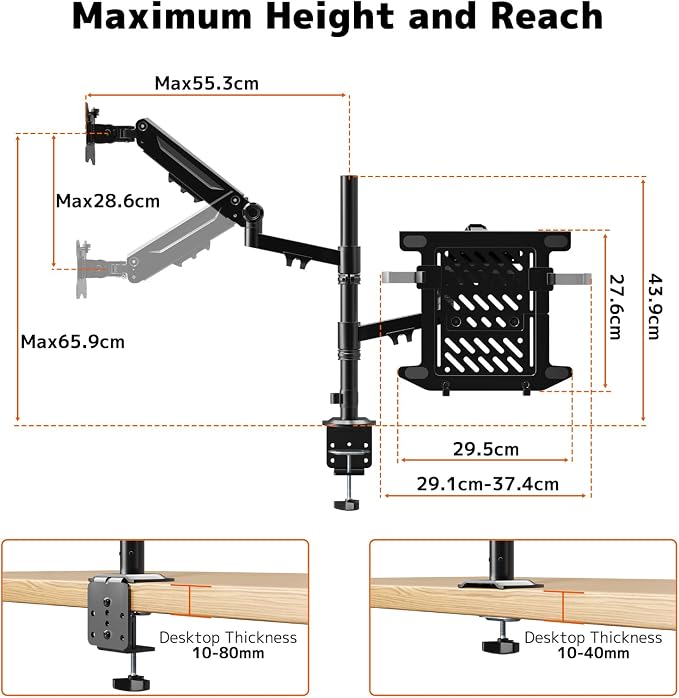PUTORSEN Laptop Arm Mount for 17-35'' Monitors & 12-18'' Notebook | 19.8lbs per Arm, Laptop Monitor Mount with Adjustable Laptop Tray, C-clamp or Grommet Mount,VESA 75/100mm