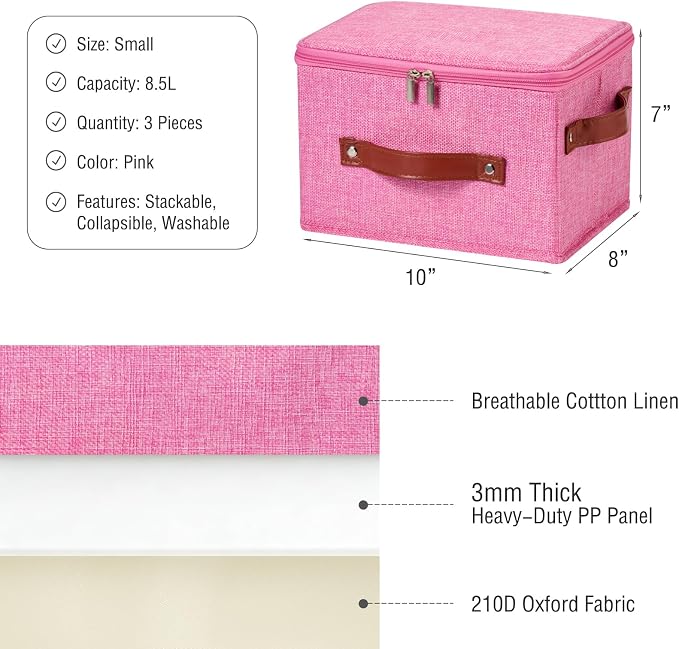 3PCS Storage Bins Boxes with Zippered Lids Cotton Linen Fabric Decorative Basket PU Leather Handles PP Plastic Board Foldable Lidded Clothing Shelf Closet Organizer Container (Pink, Small)