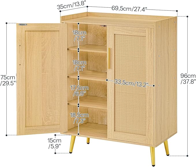 HOOBRO Shoe Cabinet, 5-Tier Shoe Storage Cabinet, Rattan Shoe Cabinet with Doors, 37.8" Tall Shoes Rack Organizer Cabinet for Entryway Hallway Front Door, Adjustable Shelf, Natural NL18SC01