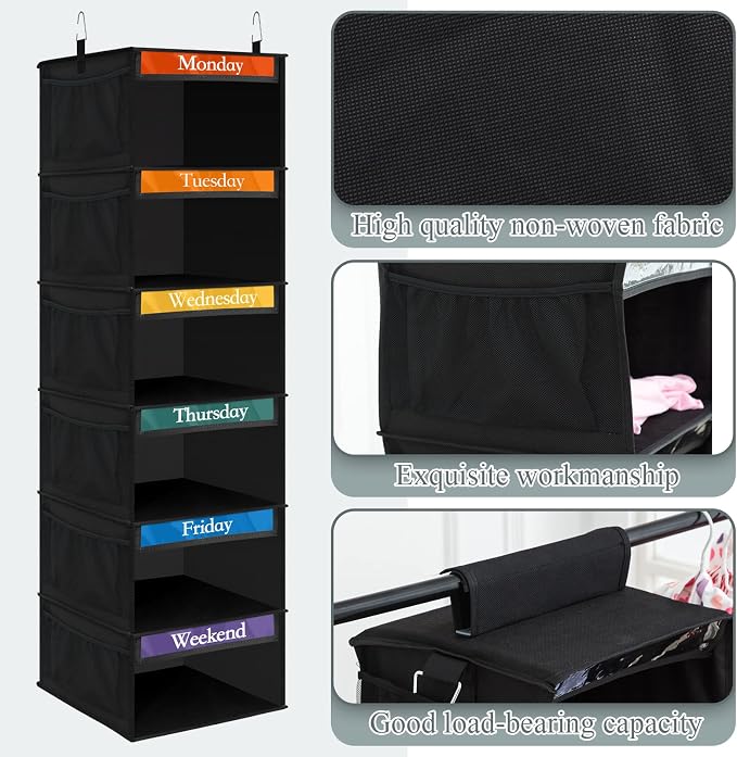 Amylove 2 Pack 6 Shelf Weekly Clothes Organizer for Kids with Side Pocket, 47 Inch Days of the Week Clothes Organizer, Monday to Friday Daily School Outfits Clothing Divider for Kids(Black)