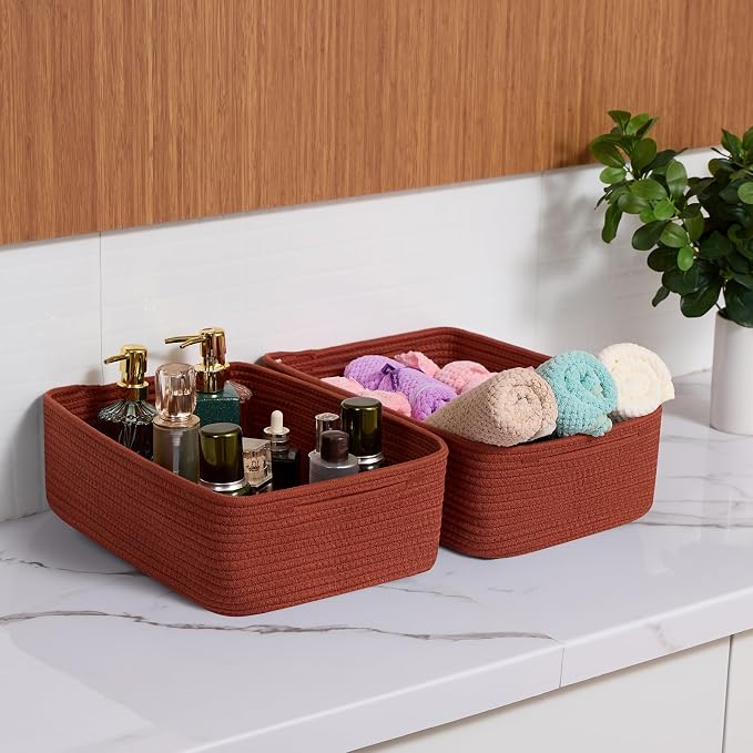 MiniArk Large Shallow Organizing Baskets 15x11x5.1 Inches - Rope Woven Storage Bins for Bathroom, Shelves, Cube Closet, Red 4 Packs