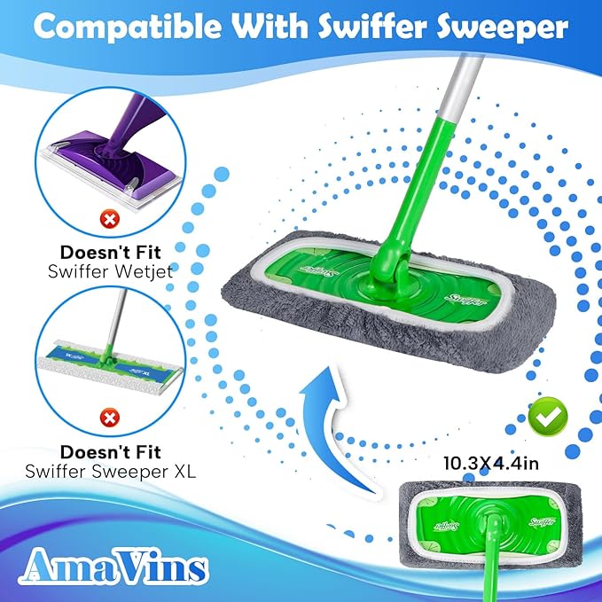 AmaVins 8 Pack Reusable Microfiber Mop Pads Compatible with Swiffer Sweeper Mop, Dry Sweeping Cloths & Wet Mopping Cloths, Washable Mop Pads for Surface/Hardwood Floor Cleaning (Mop is Not Included)