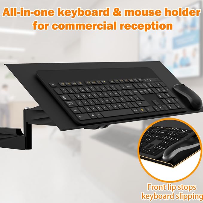 Keyboard Tray Wall Mount with Spring Arm, 23 Inch Keyboard and Mouse Platform, Height Adjustable Typing Stand, Wall Mount Holder for Laptop Desk Workstation, Home Office, Medical, Gaming (Pole)