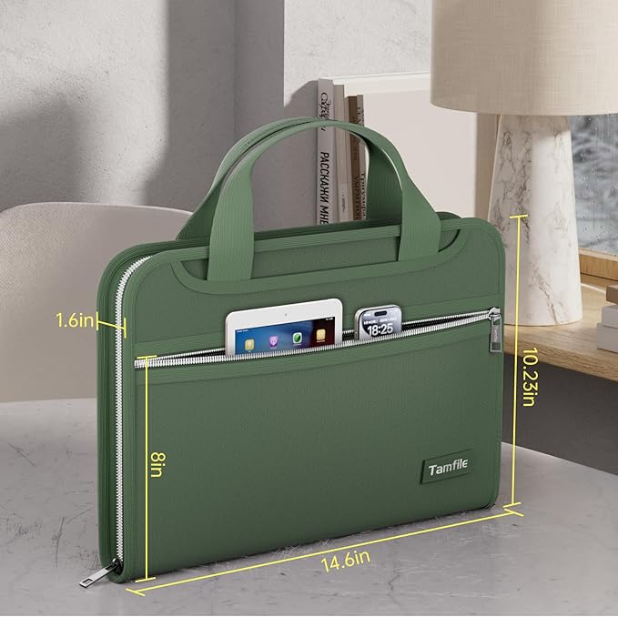 Tamfile Fireproof Accordion File Organizer with Handle, 13 Pocket Colorful Expanding File Folder with Zipper & Labels, File Folder with Multi-Pockets Paper Organizer Folder for Letter A4 Files (Green)