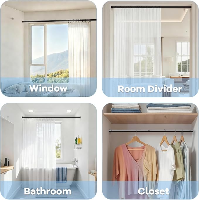 Tension Curtain Rods 27-55 Inch, 1"Diameter | Shower Curtain Rod Spring Long Adjustable for Bathroom Windows Closet No Drilling No Rust, Black