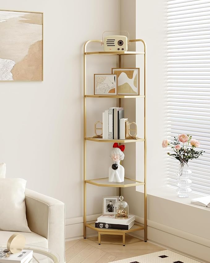 Hzuaneri Corner Shelf Stand, 5-Tier Glass Bookshelf Bookcase, Bathroom Organizer, Plant Stand, Steel Frame, Tempered Glass, Modern Style for Living Room, Bathroom, Kitchen, Golden CS90200G