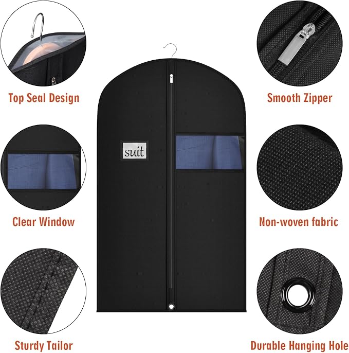 Univivi Hanging Garment Bags Suit Cover for Storage, 40 Inch, 5 Pack, Black | Breathable Suit Bag, Dustproof Hanging Clothing Bag, Clear Window and ID Card Holder for Suits, Jackets, Skirts