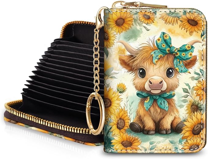 Blusabaca RFID Credit Card Holder Small Women Travel Wallet, Highland Cow | Removable Keychain, Case with Zipper, Vegan PU Leather, Cash Coin Pocket, Business Accordion Purse, Ladies Female Gift