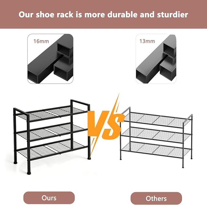 3-Tier Shoe Rack, 26.5" Wide Metal Organizer, Holds 9 Pairs | Storage Organizer for Closet and Entryway,Heavy-Duty Stand for Shoes, Books or Plants, Black