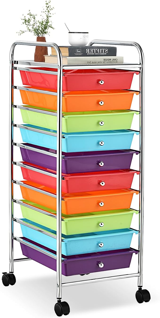 LDAILY 20-Drawer Rolling Storage Cart, Rolling Storage Cart, Storage Organizer on Wheels, Metal Frame, Scrapbook Paper Tools, Suitable for Office School, Classroom (Multicolor, 10 Drawer)