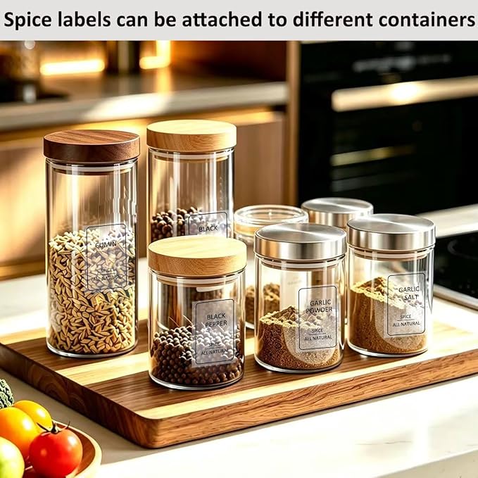 256 Spice Labels, Preprinted Minimalist Waterproof Stickers Removable Transparent Blank Label Expiration Date Labels Tear Resistant Sticker for Kitchen Jars Food Containers Spice Organizers Storage