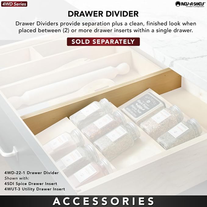 Rev-A-Shelf 3-Tier Wood Trim-to-Custom-Fit Spice Rack Drawer Insert, 16" x 19.75", Maple - Drop-In Seasoning Jars Storage Tray Organizer for Kitchen Cabinet and Pantry Organization, 4SDI-18