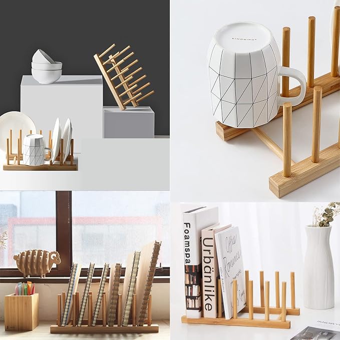 Bamboo Wooden Plate Racks Dish display Holder Kitchen Storage, Pack of 2 | Cabinet Organizer for Dish / Plate / Bowl / Cup / Pot Lid / Cutting Board/ Book (vertical)