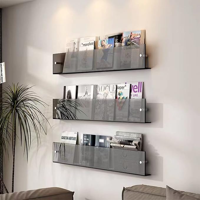 ROYALITA 2-Pack Acrylic Magazine Holder Brochure Holder, Gray 24 Inch | Record Magazine Rack, Fashion Floating Bookshelf, Literature Storage Rack for Waiting Room, Living Room, Office