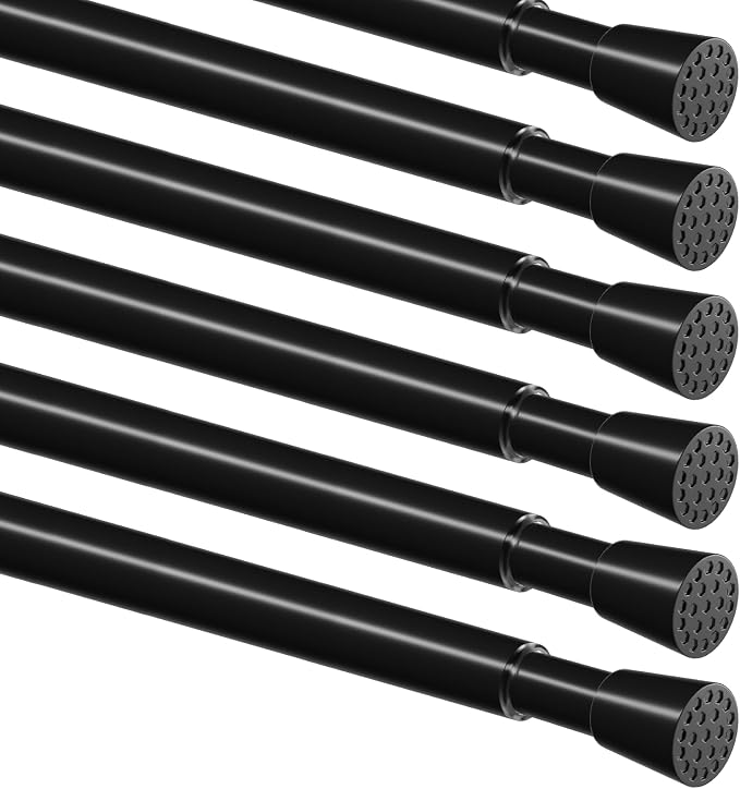 MEXAU 6 Pack Black Spring Tension Curtain Rod for Window 23 to 37 Inch Thin Spring Tension Rods Small tension Rod Adjustable Expandable Spring Curtain Rods No Drill for Closet Cupboard Door Doorway