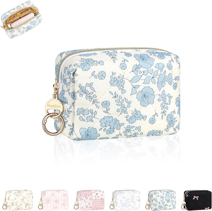 Quilted Mini Makeup Bag, Cute Small Cosmetic Bag for Purse, F-Blue | Floral Travel Makeup Pouch, Make Up Pouch for Women, Purse Organizer Pouches for Travel/ Gym/ Daily Use, Perfect Gifts