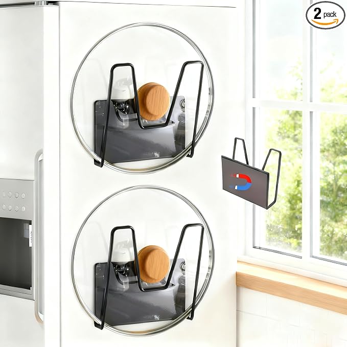 Magnetic Pot Lid Holder for Refrigerator, 2 Pack Strong Magnetic Pot Lid Organizer for Cutting Board, Baking Tray & Pan Covers, Stainless Steel Moveable Kitchen Storage Rack-Black