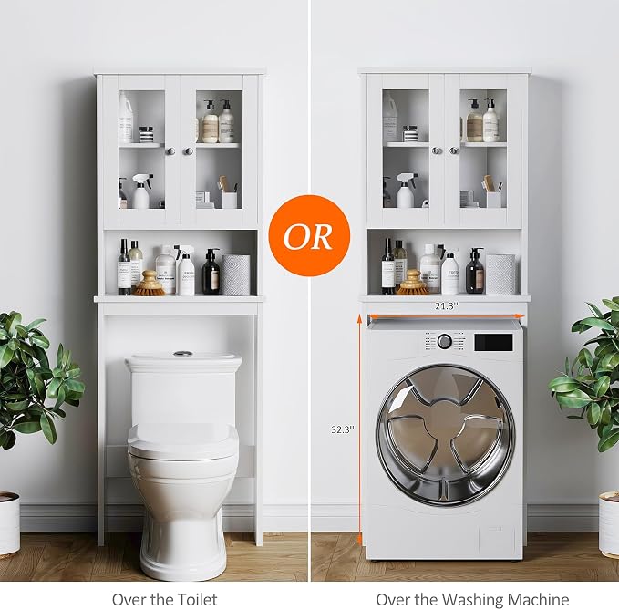 Over The Toilet Storage Cabinet for Bathroom, White Storage Organizer Over Toilet, Space Saver with Tempered Glass Doors, White