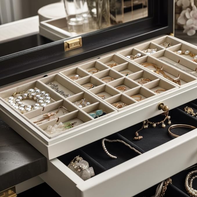 Highergo 8 Pcs Velvet Jewelry Trays Stackable Drawers Organizer Ring Earring Bracelet Necklace Storage Trays, 8.3x4.7x1''(12 Grids)
