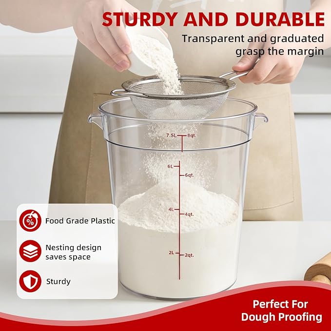 4-Pack Food Storage Containers with Lids,Round Plastic Containers for Kitchen, Food Grade, BPA-Free, Stackable, Clear Red Storage Buckets (Red, 7.5L)